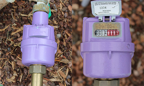 Close-up of an Elster recycled water meter, open and closed, displaying the reading.